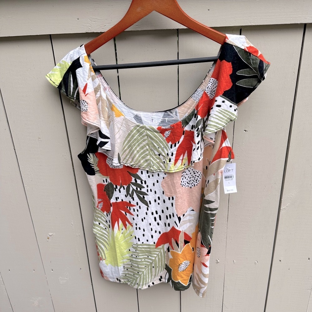 Loft ruffle sleeveless top floral pattern cotton size large NWT